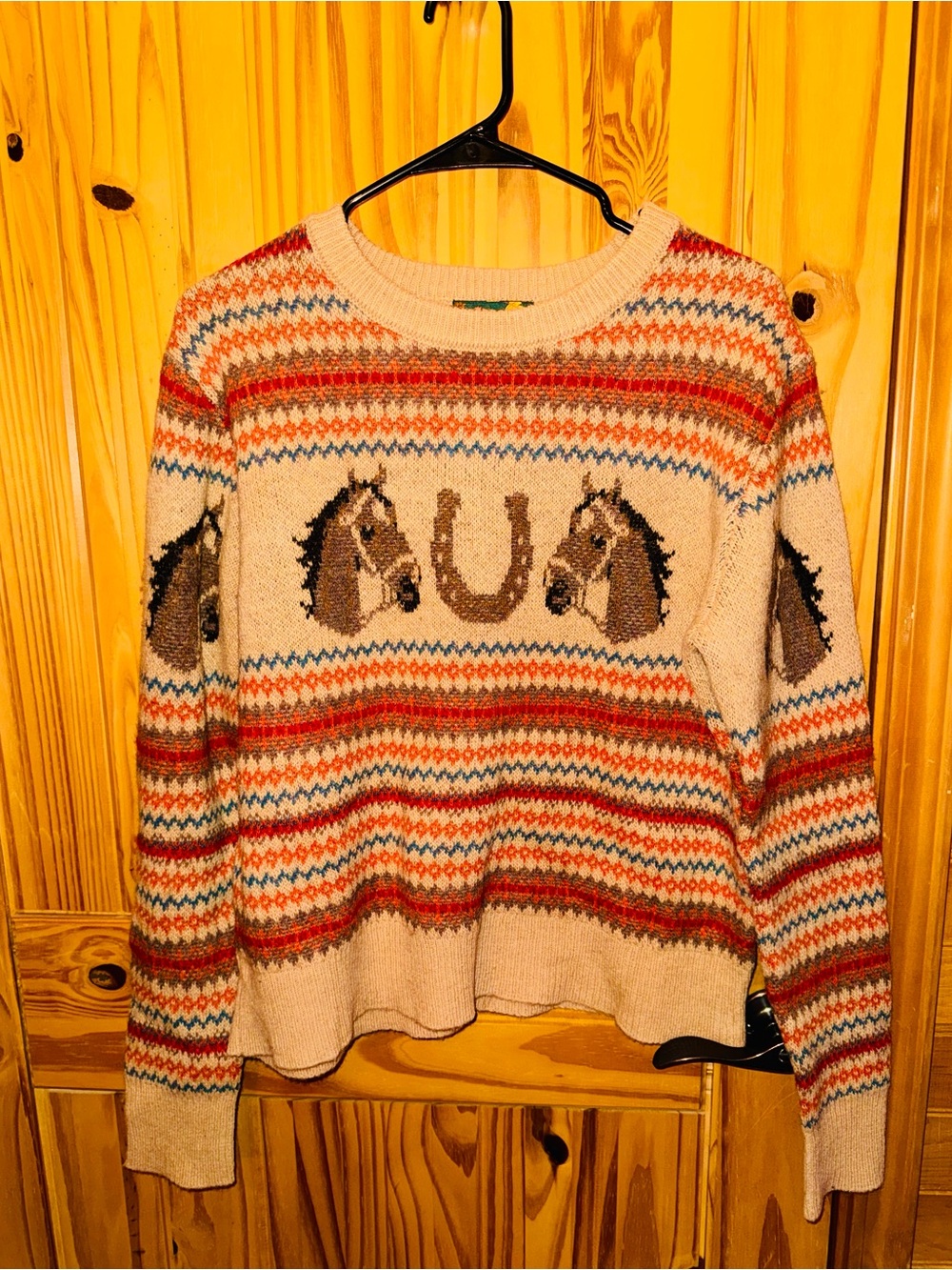 Kiel James Patrick Cream Crewneck with Horse & Striped Fair Isle